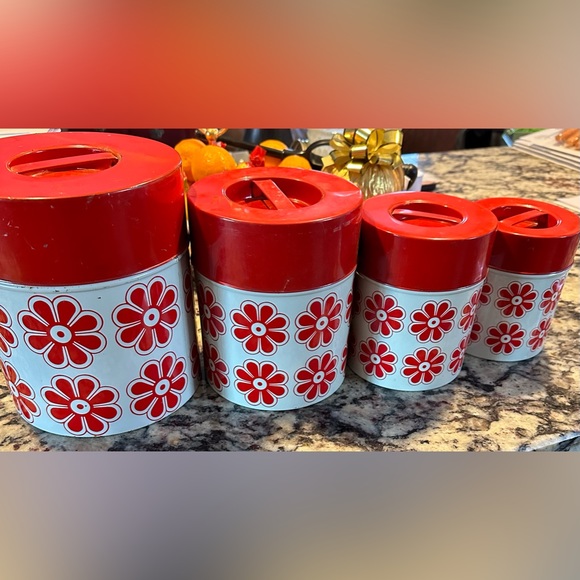 Other - Vintage Retro Metal Canister set Red/White Flowers